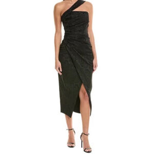 $625 Shoshanna Midnight Trish Midi One Shoulder Dress in black jacquard Size 2